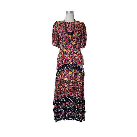 vintage style silk floral maxi dress backless puff sleeves med polka dot trim - Picture 11 of 11